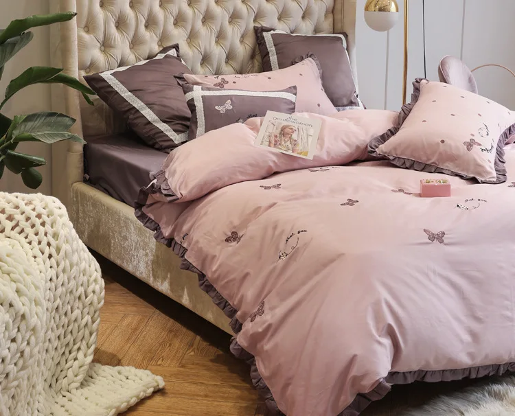 PinkCoffee-6pcs Комплект постельного белья, 4-7 шт., милое кружевное одеяло принцессы из хлопка, стеганое одеяло, покрывало с вышивкой, модное горячее постельное белье - Цвет: PinkCoffee-6pcs