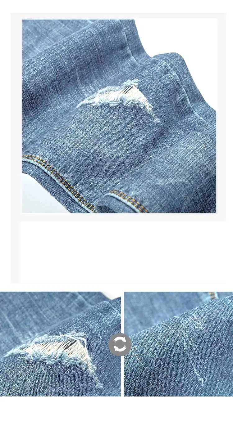 Spring hole jeans women nine points high waist elastic rotten pants summer Korea thin skinny feet thin section blue women jeans