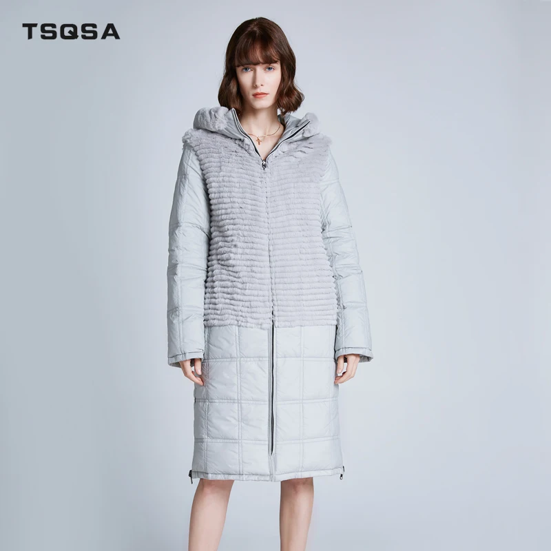 TSQSA 2019 Autumn Winter Woman Natural Fur Coats Rex Rabbit Down Coat Women Long Real Girl Striped OverCoat TAC1903 | Женская одежда