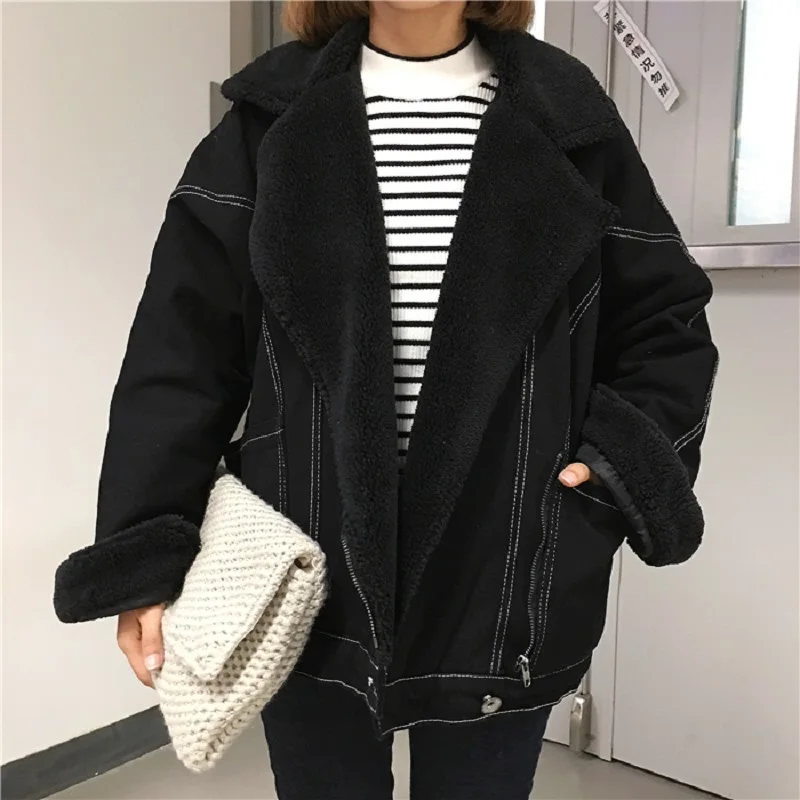 Korea new loose plus velvet thickening lamb fur coat female winter ins Harajuku vintage BF denim casual fashion women jacket - Цвет: black