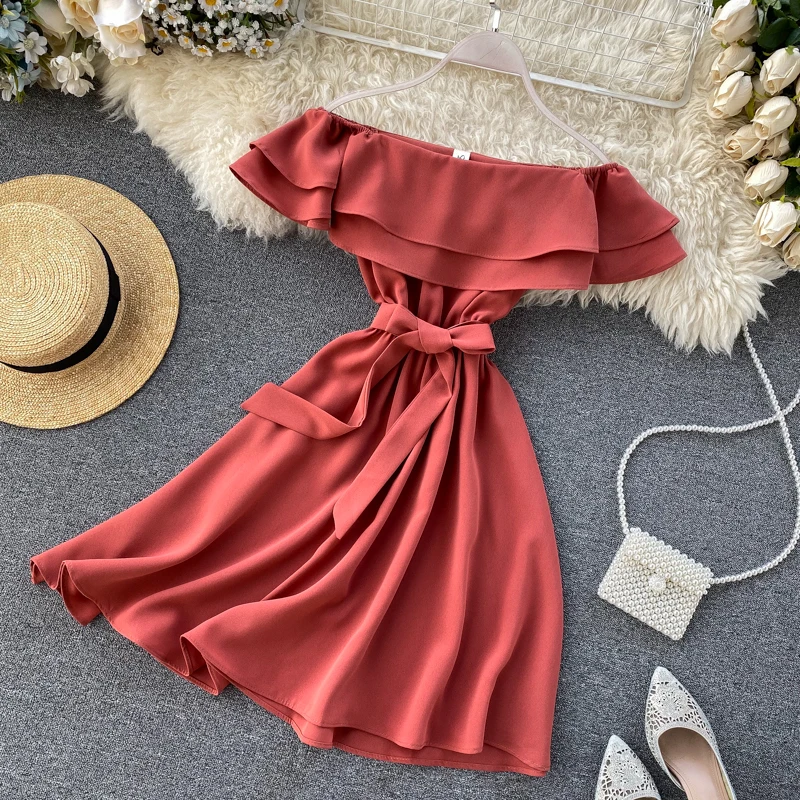 SINGRAIN Summer Women Off Shoulder Dress Bohemian Romantic Ruffle Sundress Party Holiday A-Line Retro Solid Chiffon Beach Dress