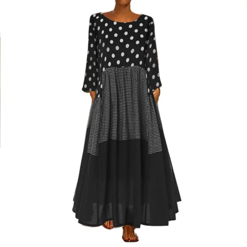 

Women 2019 Autumn Casual Baggy Polka Dot Plaid & Check Print Dress Round Neck Long Sleeve Maxi Dress Long Vestidos