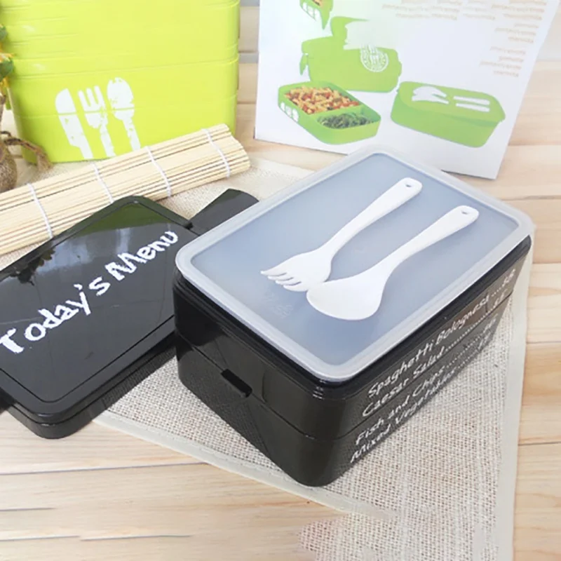 Household Portable Square Shape Lunch Box Concise Black/Green Double Layer Plastic Hand Held Microwave Lunch Box