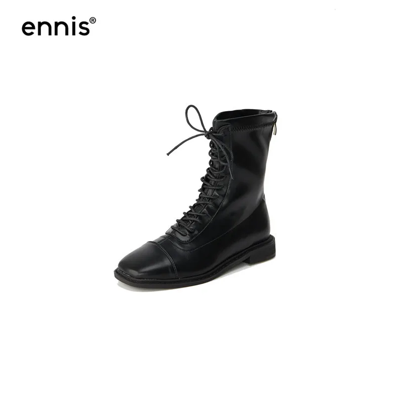 Black ENNIS/женские ботильоны на шнуровке; Ботинки martin из натуральной овечьей кожи; сезон осень-зима; растягивающиеся ботинки на низком каблуке; Белая обувь; A9381 - Цвет: Black