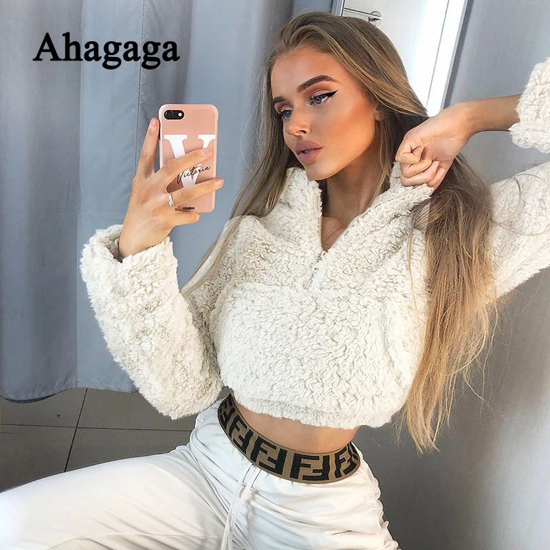 

2019 Autumn Winter Plush Sweatshirt Women Solid Color Fashion Keep Warm Short Top High Neck Zipper Women Sweatshirt Female Blusa