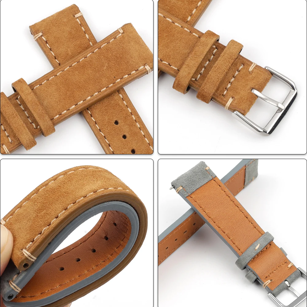 Handmade Suede Leather Watch Strap Watch Accessories Wristband Belt Brown Gray Beige 18mm 20mm 22mm Stainless Steel Buckle #E