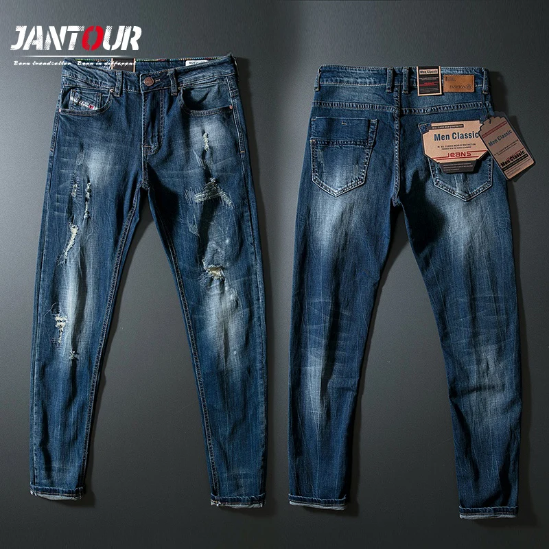 

2020 New Fashion Designer Men Jeans Slim Fit Blue Color Cotton Denim Pants Ripped Jeans For Men Design Classical Jeans homme