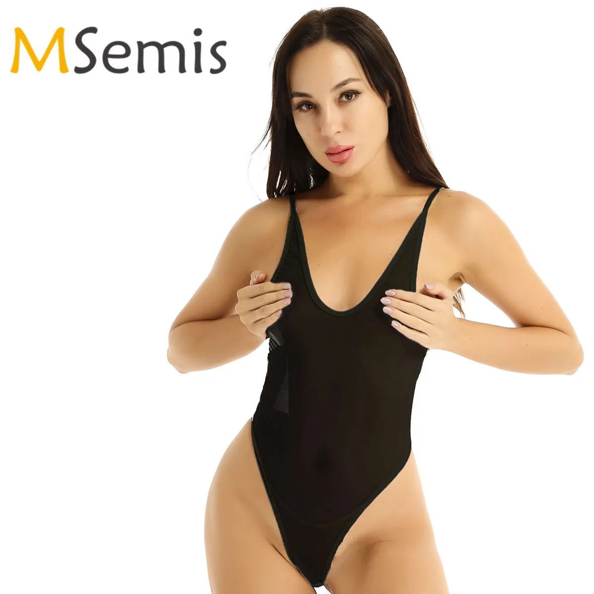 

Women's Swimsuit Ultra Thin Sexy Lingerie Shoulder Straps Deep U Neck Backless Crotchless High Cut Sexy Thong Leotard Bodysuit