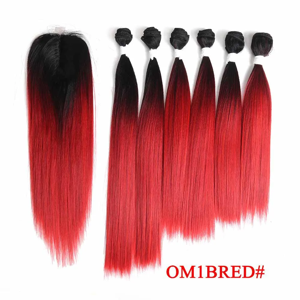 SOKU, черные, синие, фиолетовые, красные синтетические пряди для волос, с застежкой, 14-18 дюймов, прямые волосы Yaki, плетение, 6 пряди, с застежкой на шнуровке - Цвет: OM1BRED