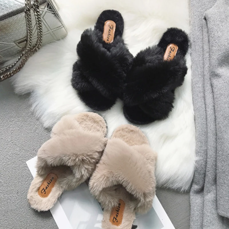 

Autumn and winter 2019 new Korean wool slippers for women's all-around wear flat bottom Fashion Cross women's slippers