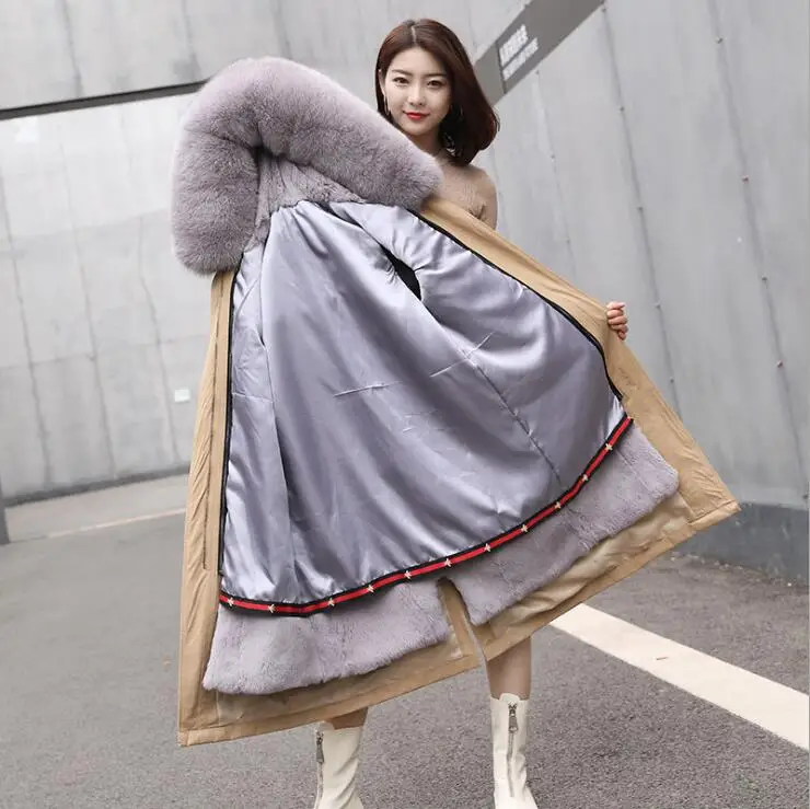 Length 88cm Новая школьная женская зимняя куртка из кроличьего меха с отстегивающимся воротником из лисьего меха - Цвет: Length 88cm