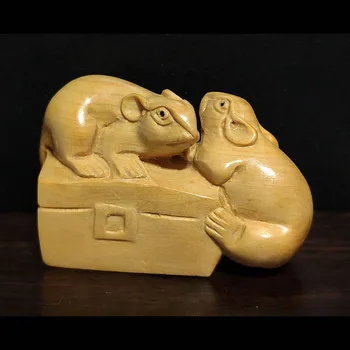 

Q4309- 2 " Hand carved Boxwood Netsuke - 2 Mice on Box