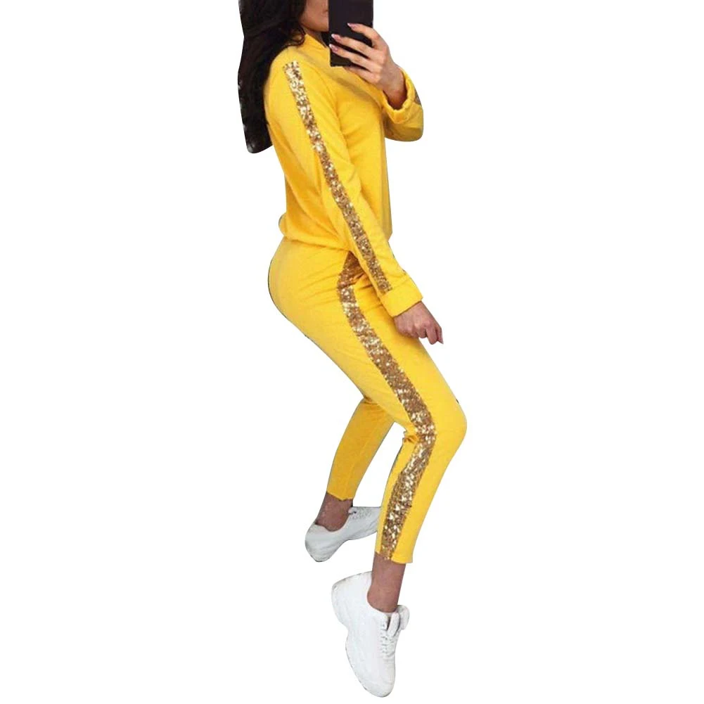 2Pcs Women Jogging Suit Sequins Patchwork Tracksuits Sweatshirt Coat Pants Set Nylon Polyester Spandex Sequins Zip Up Tracksuit