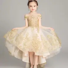 Кружевное праздничное платье принцессы с золотыми блестками для девочек; одежда с открытыми плечами для дня рождения, свадьбы; пышные платья для выпускного вечера для девочек; платье с цветочным узором для девочек