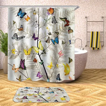 

Cartoon butterfly multi-pattern polyester waterproof shower curtain with 12 hooks mildew shower curtain home decoration