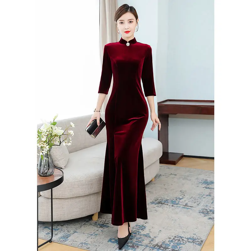 

S-3xl New Autumn Winter Dress Girl Solid Female Vintage Dress Party Velvet Evening Half Sleeve Women Robe Elegant Mermaid Skirt