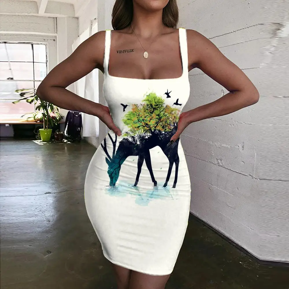 

Женское платье с рисунком оленя KYKU, летнее платье без рукавов с бретелькой через шею, лето 2019