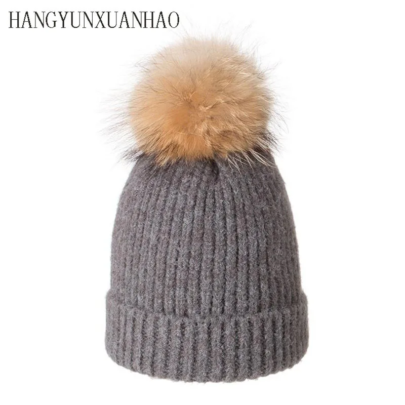 HANGYUNXUANHAO Winter Hat Women Knitted Beanie Hat Real Raccoon Fur Pompom Hat for Female Kids Warm Chunky Thick Stretchy Hat - Цвет: light gray