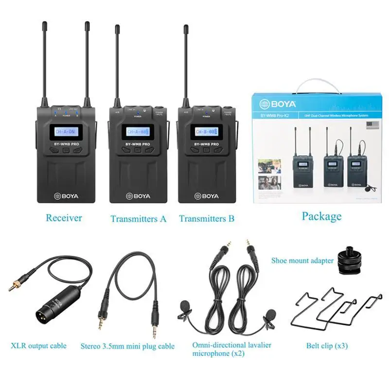 

BOYA BY-WM8 Pro-K2 UHF Dual-Channel Lavalier Wireless Microphone System 2 Transmitters & 1 Receiver with LCD Screen for Canon Ni