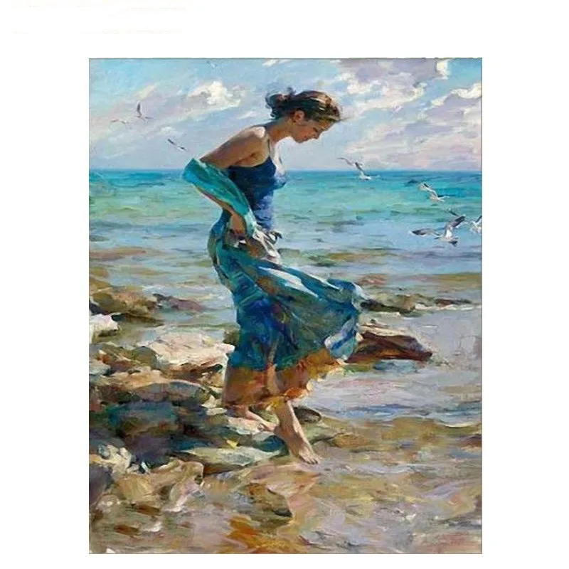 

Seaside Oil Painting By Number Girl Figure On Canvas For Drawing DIY Craft Kit Color For Adults Picture Home Decoration Wall Art