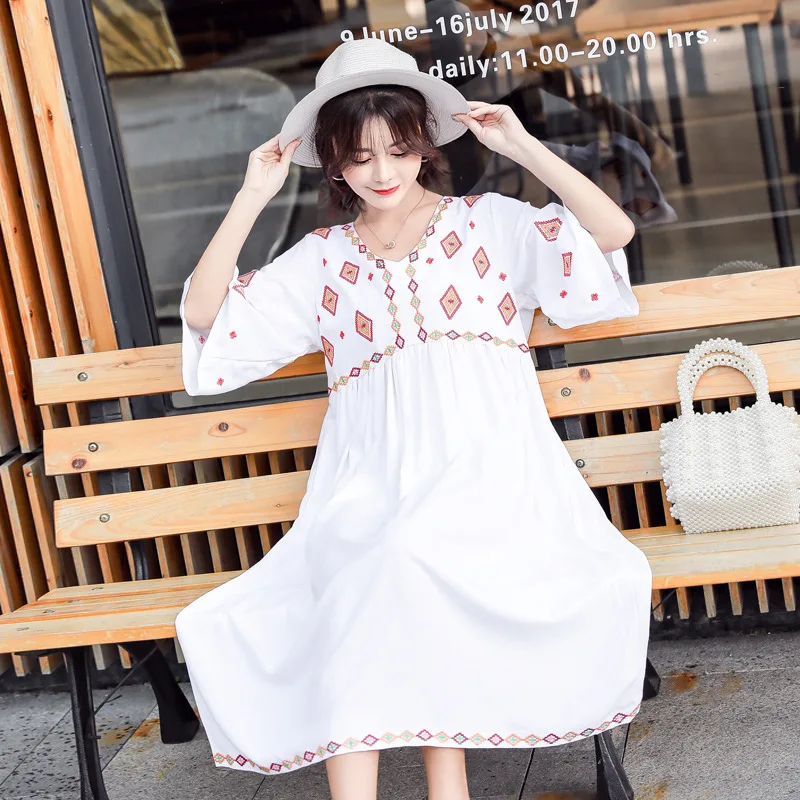 

2018 New Style Summer Wear Short Sleeve Fashion Loose And Plus-sized Mid-length Machine Embroidery Pregnant Women Dress
