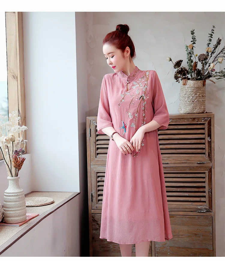 Ципао традиционное китайское стильное платье Ципао с цветочной вышивкой женское платье Ципао с воротником мандарин с коротким рукавом