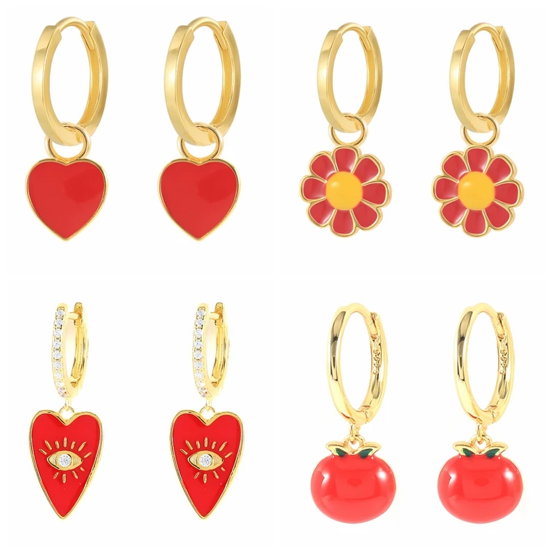 18k Gold Plated Red Enamel Star Fruit Love Butterfly Earrings