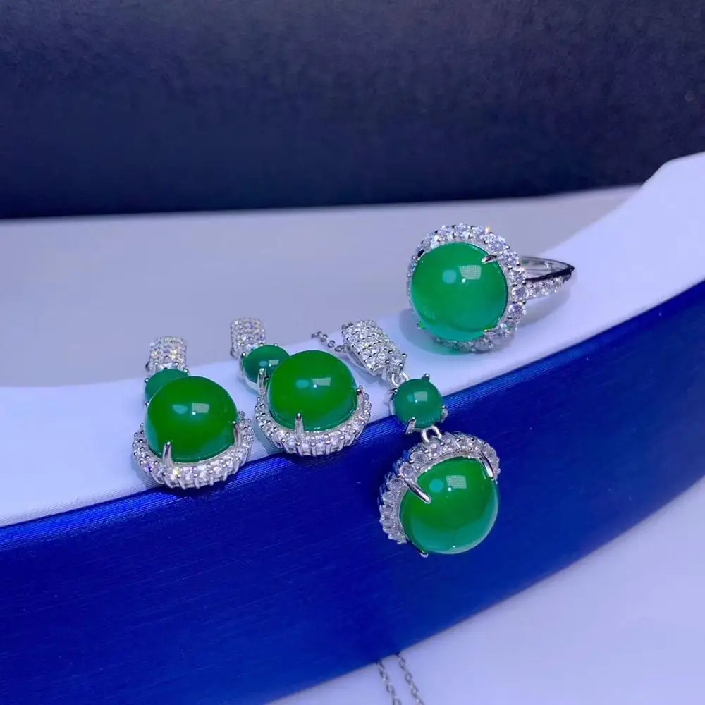 KJJEAXCMY boutique jewelry 925 sterling silver inlaid Natural green chalcedony necklace earrings ring set support detection