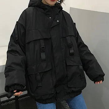 

Harajuku Hip-hop Cargo Parkas Winter Korean Thicken Hooded Jacket 2020 Spring New Black Streetwear BF Style Loose Coat Outwear