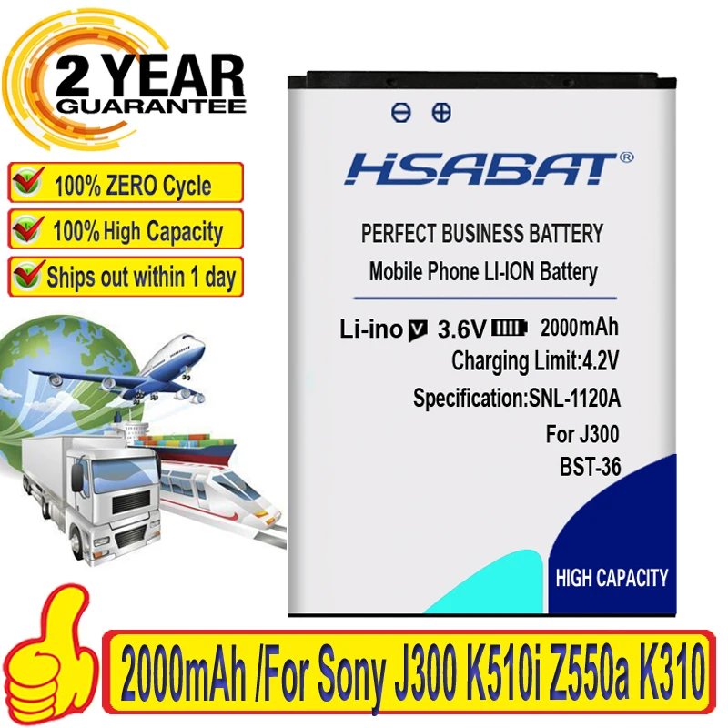 Аккумулятор HSABAT для Sony Ericsson J300 K510i Z550a K310 J300C X0001 Z550C K320 K310i W200 Z550i Z558 k310c k510c 2000 мАч BST-36