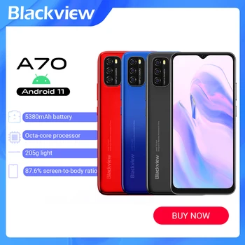 Перейти на Алиэкспресс и купить Blackview A70 Android 11 3 ГБ ОЗУ + 32 Гб ПЗУ 6,5 дюйма 4G мобильный телефон Восьмиядерный 13 МП камера заднего вида 5380 мАч GPS сканер отпечатков пальцев