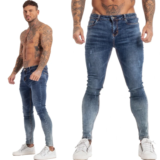GINGTTO Jeans Men Elastic Waist Skinny Jeans Men 2020 Stretch Ripped Pants Streetwear Mens Denim Jeans Blue blue zm140