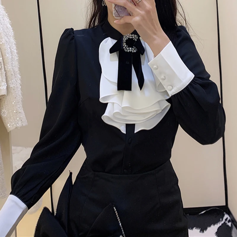 2020 HIGH STREET Designer Blouse Women's Long Sleeve Ruffle Color Block Bow Shirt | Женская одежда