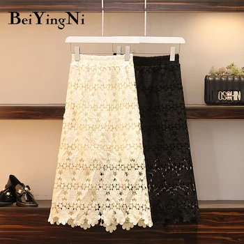 

Beiyingni Sexy Skirt Fashion Lace Hollow Out Korean Elegant A Line Skirt Women White Black Plus Size Vintage Floral Midi Skirt