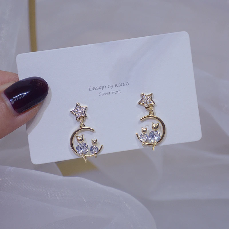 Cute Little Cat Shine Diamond Women Earring Bling AAA Zircon 14K Real Gold Stud Earring Daily Anniversary Star Jewelry Pendant - Image 5