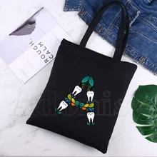 Tooth and Dentist Ladies Handbags Cloth Canvas Tote Bag Black Shopping Travel Women Eco Reusable Shoulder Shopper Bags