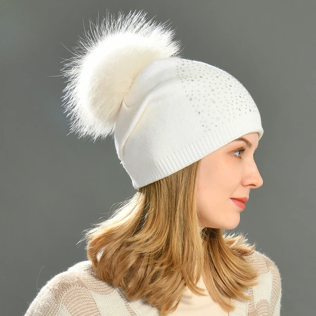 Women Knit Pom Pom Fleece Lined Faux Fur Russian Warm Hat Beanie Bobble Ski