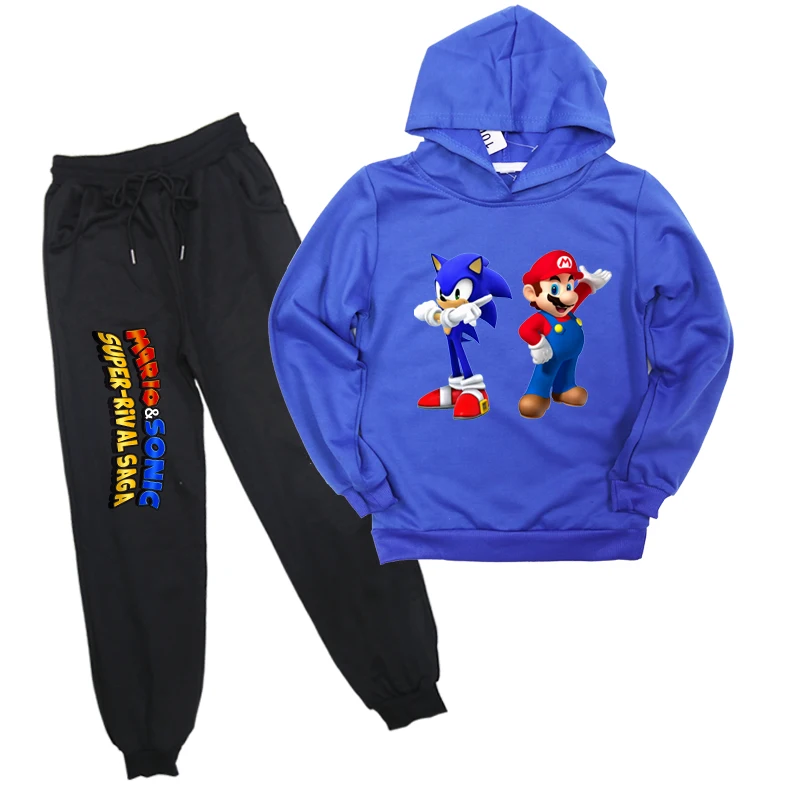 Sonic The Hedgehog Mario/детская одежда из 2 предметов, толстовка с капюшоном для мальчиков и девочек, штаны, худи, спортивная одежда, топы для детей - Цвет: Синий
