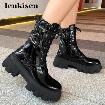 

Lenkisen cow patent leather concise high street fashion round toe thick high heel lace up young girls basic mid-calf boots L90