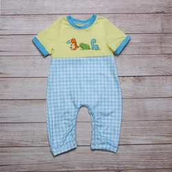 Vêtements d'été pour garçon, barboteuse jaune à manches courtes, bleu, pantalon à carreaux, jambes trois dinosaures, motif brodé, barboteuse pour tout petits 
