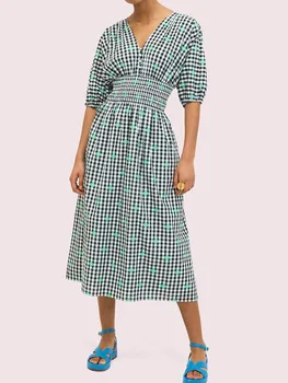 

2020 New Summer V-neck Plaid Midi Dress Puff Sleeve Flowers Embroideried Short Sleeve Female Long Pleated Dresses Sweet Clothing