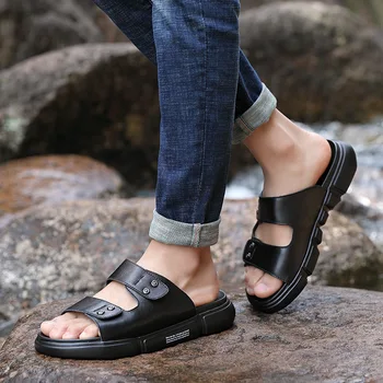 

Genuine Leather Sandals Men Summer Shoes 2020 Black Beach Sandals Mens Causal Summer Shoes Cow Leathe Male Shoes Flat KA1321