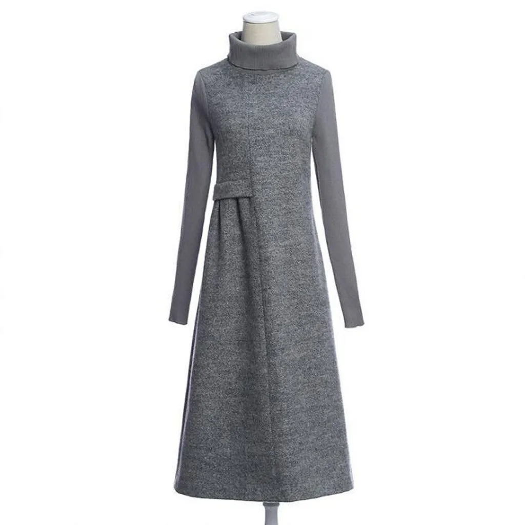 Sukienki vestidos, платье размера плюс, женское, элегантное, до колена, с карманами, с длинным рукавом, шерстяное платье, ropa mujer robe femme