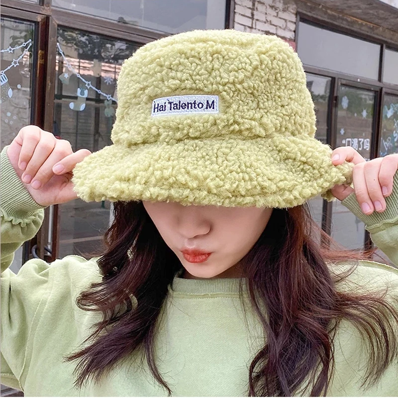 

Brand New Faux Fur Winter Panama Hats Women Outdoor Sunscreen Bucket Hat Female Fashion Letter Embroidery Basin Cap Sun Caps