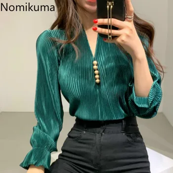 

Nomikuma Vintage Elegant V Neck Long Flare Sleeve Blouse Solid Color Temperament OL Shirts Female Spring New Blusas Mujer 3a208