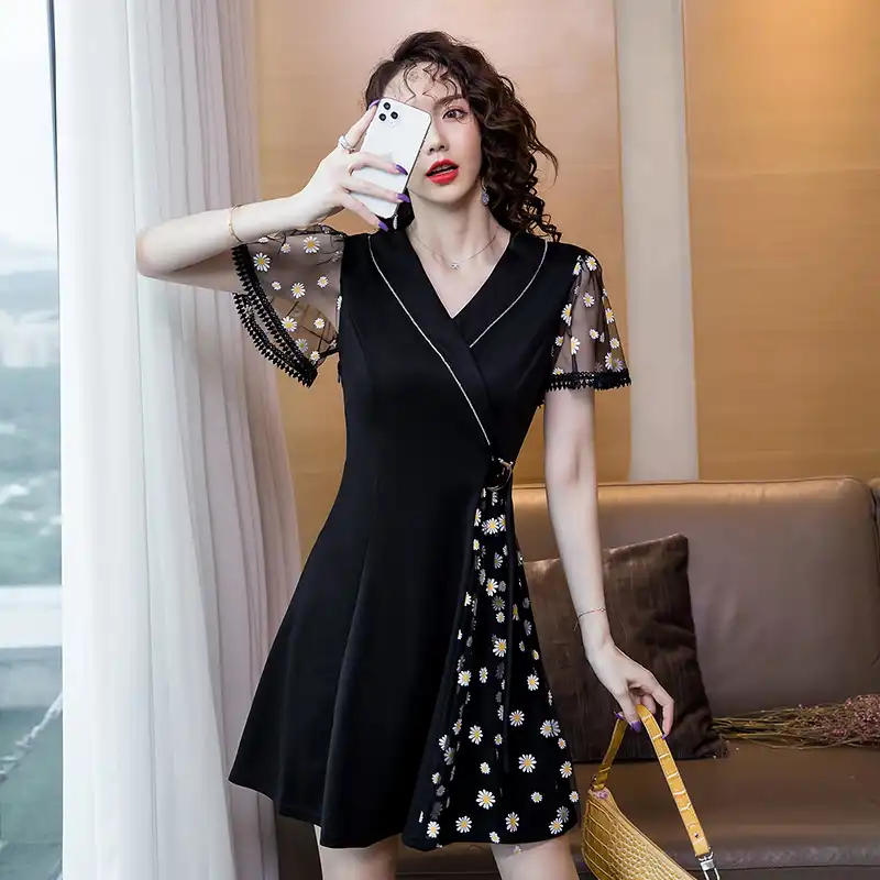 Coigarsam 新しい女性ワンピースドレス韓国夏のパッチワーク半袖メッシュドレス黒 1327 Dresses Aliexpress