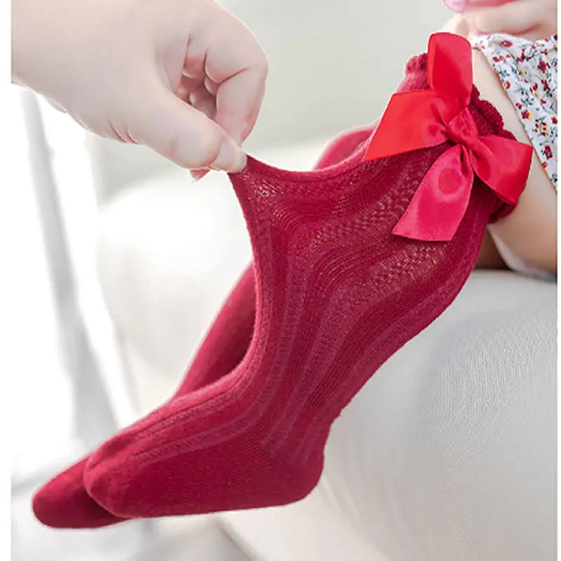 Calcetines de algodón suave para niños pequeños, pajarita grande chicas hasta la rodilla, largos, de encaje