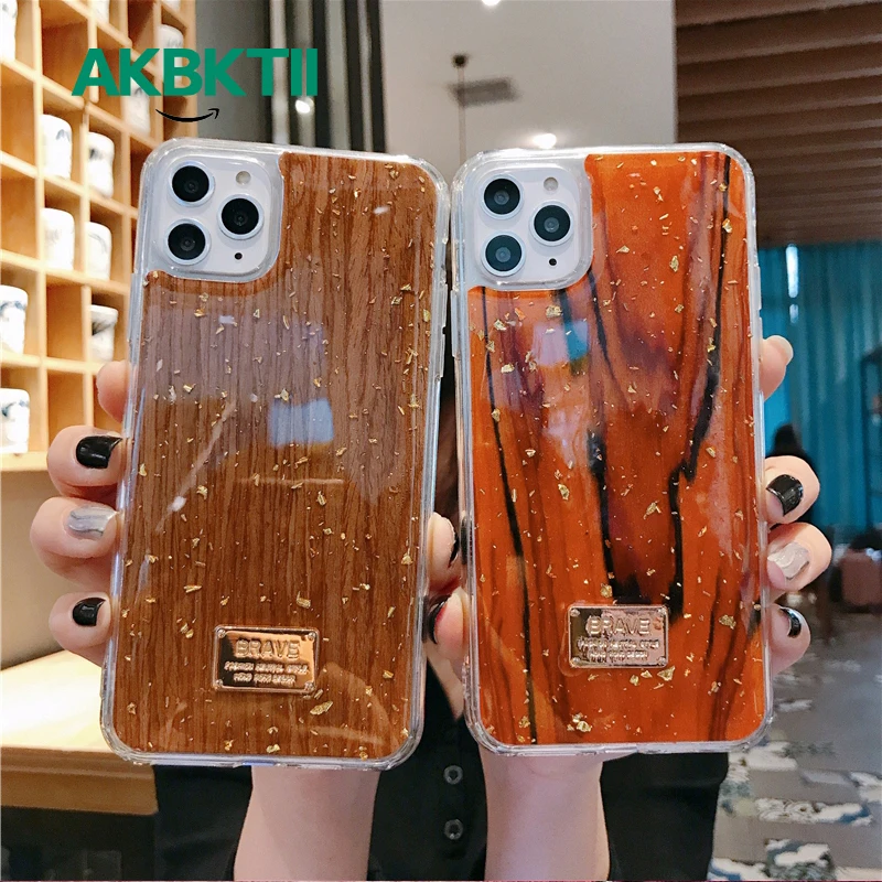 Lovebay Золотой фольга Чехол для телефона iPhone 7 8 Plus 11 Pro XS XR Max текстура древесины