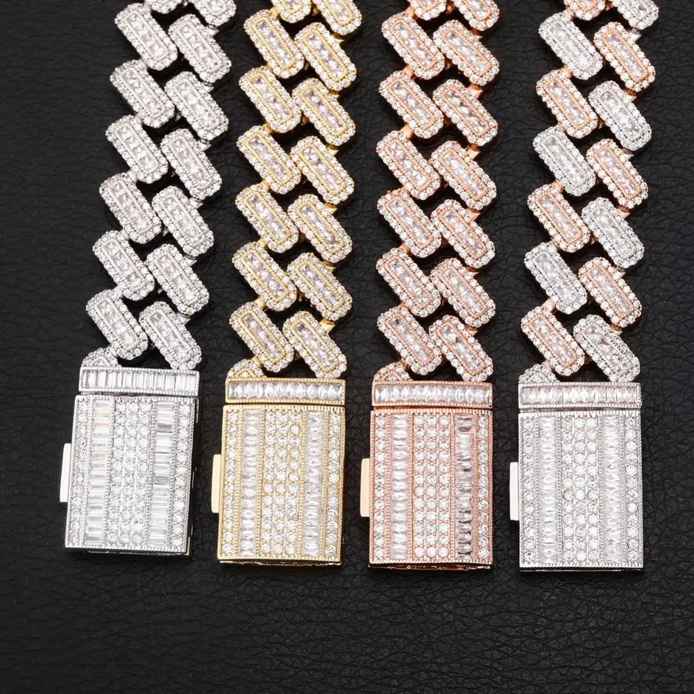 Skup TOPGRILLZ 20mm Box zapięciem na klamrę bagietki cyrkon Prong ustawianie kubańska bransoletka Iced Out cyrkonia Chain Hip Hop Rock biżuteria