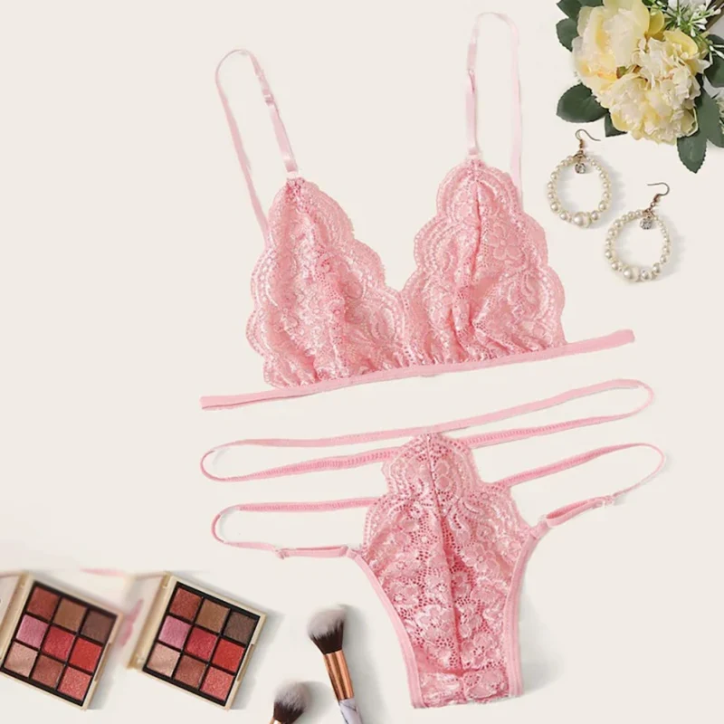 Sexy Lingerie Set Women Transparent Lace Babydoll Open Bra Set Floral Pink G String Underwear Set Nightwear Bra And Panty Sets|Lingerie Sets| - AliExpress
